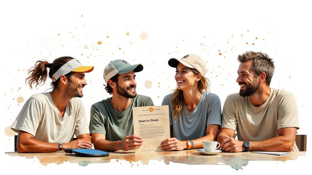 Group of happy pickleball players talking on the court.
