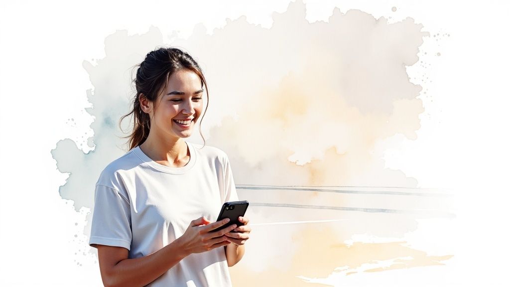 A person using a smartphone to book a badminton court, with a clean and intuitive app interface visible.
