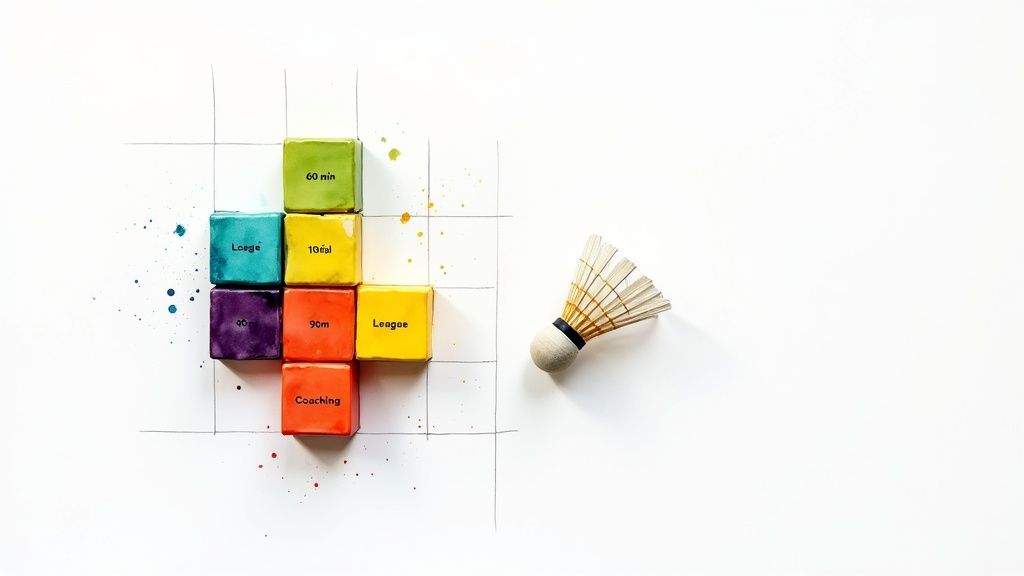 Colorful blocks displaying badminton court booking time slots with shuttlecock on white background