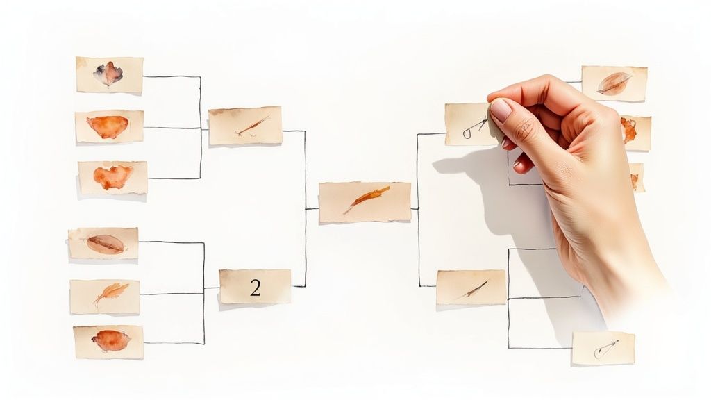 A hand writing on a tournament bracket with a pen.