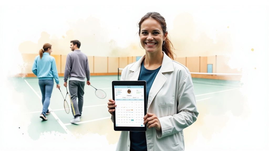 A group of friends laughing after playing a game of badminton in an indoor court.