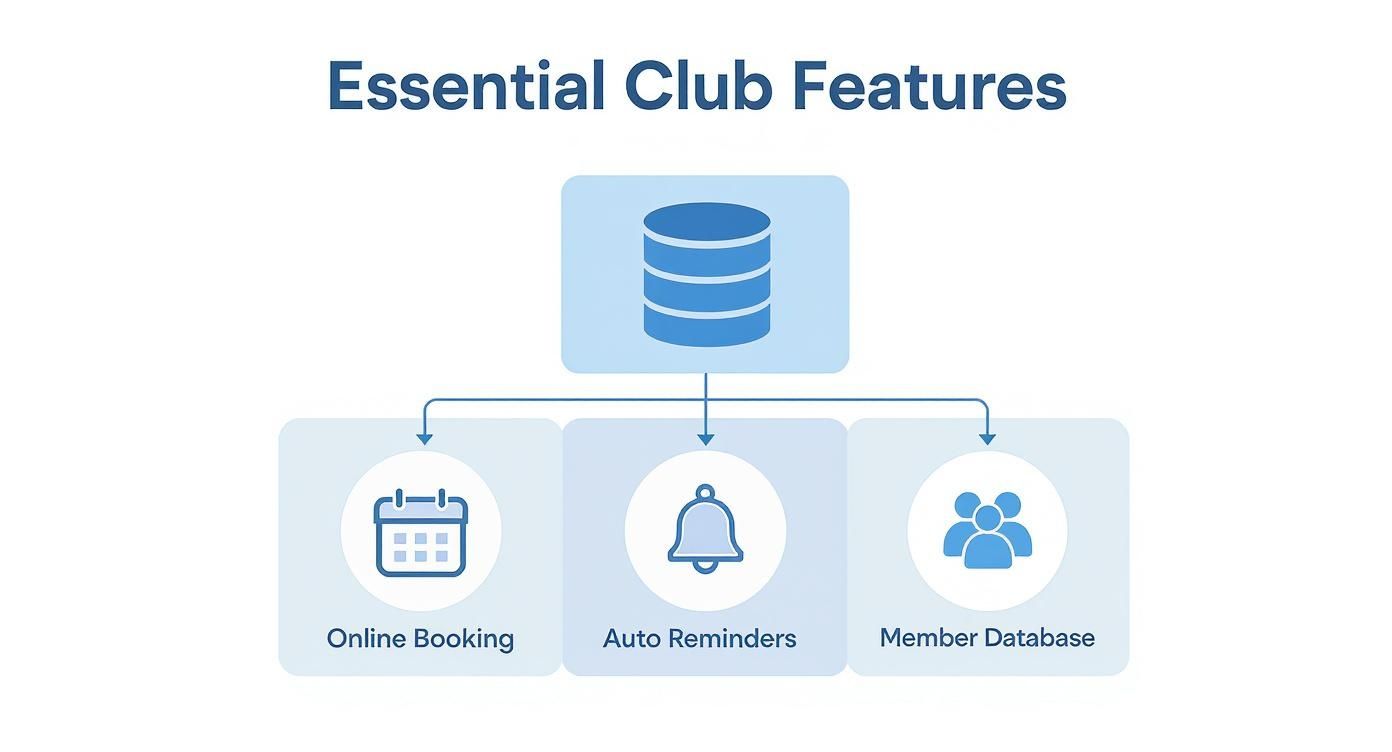 Infographic about tennis court reservation software, showing a central hub connecting to online booking, auto reminders, and a member database.