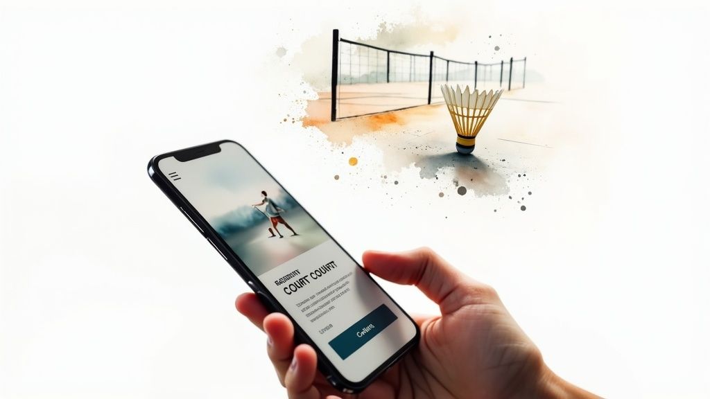 Hand holding smartphone displaying badminton court booking app with watercolor badminton net and shuttlecock illustration