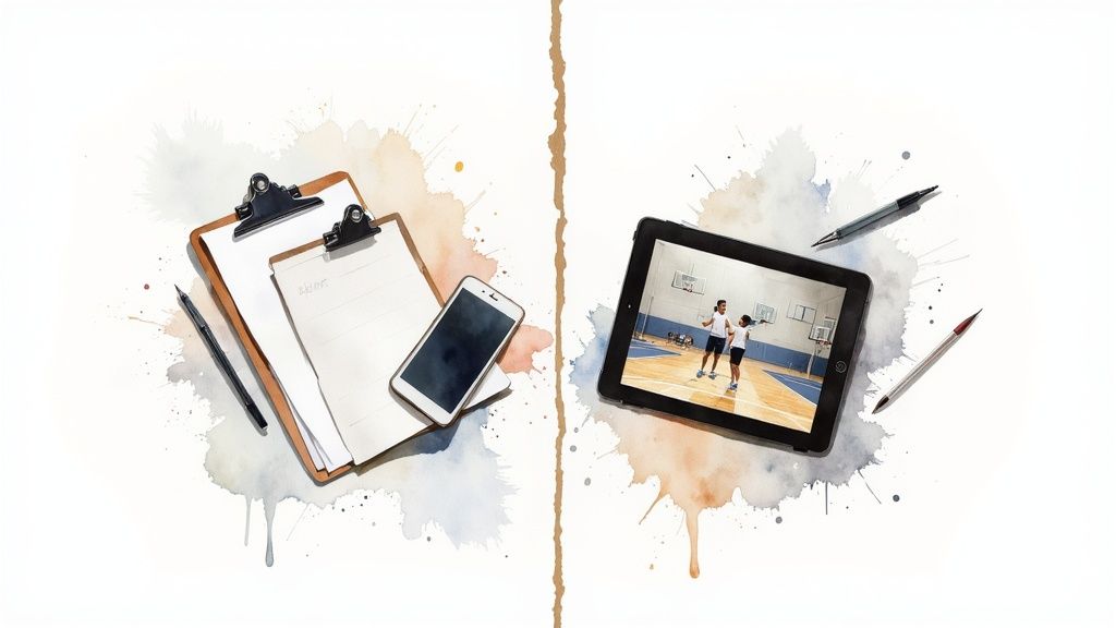 Split view comparing traditional clipboards and smartphone with modern tablet displaying tennis court booking