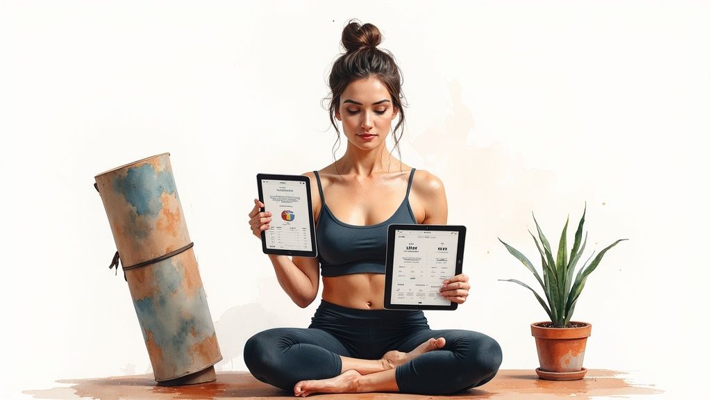 A person using a laptop to manage their yoga studio schedule.