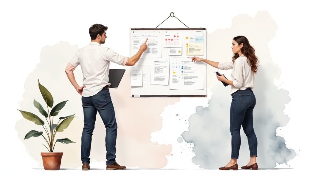 Two business professionals collaborating and pointing at project management board on wall