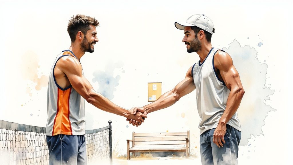 A group of tennis players socializing on a court