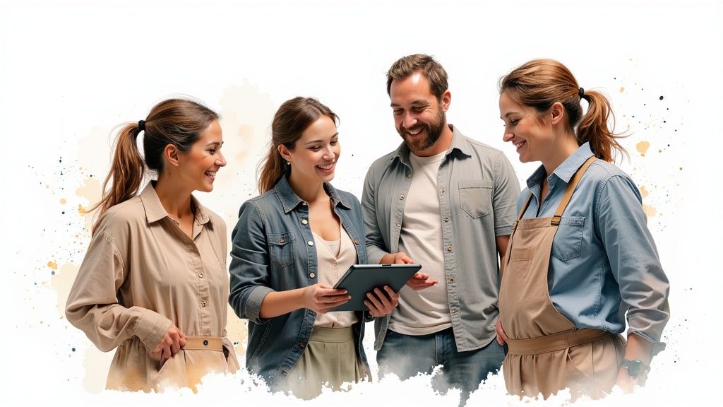 A group of staff members gathered around a laptop, training on the new club manager software.