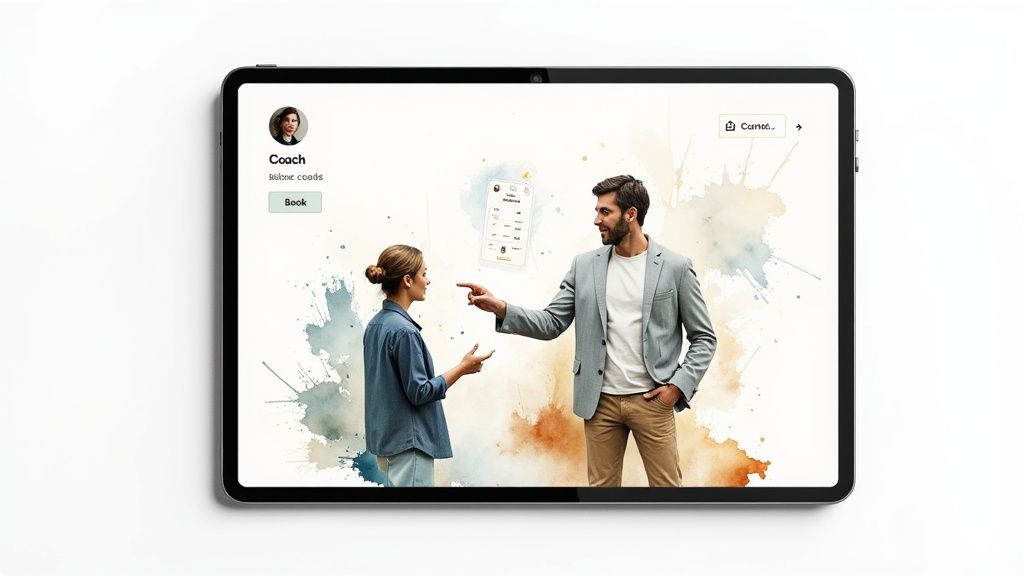 A badminton coach giving a lesson to a young player on an indoor court.