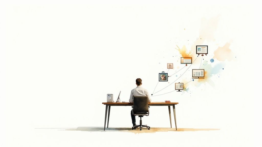 Person at desk managing digital workflow with connected software icons and data visualization