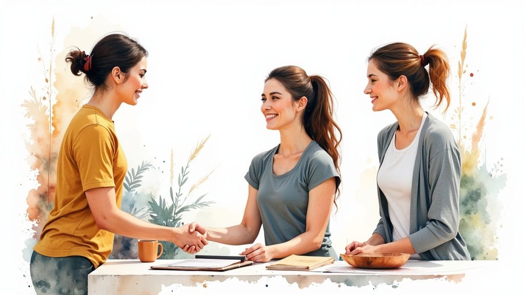 A yoga class instructor welcoming a student to the studio with a warm smile.