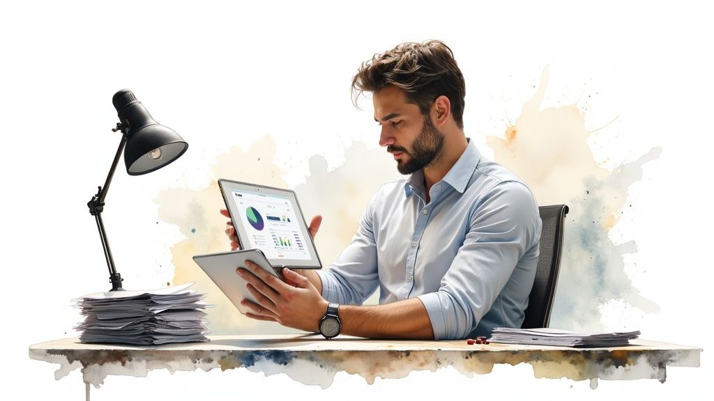 A club manager using a tablet to manage bookings, illustrating the move from manual systems.