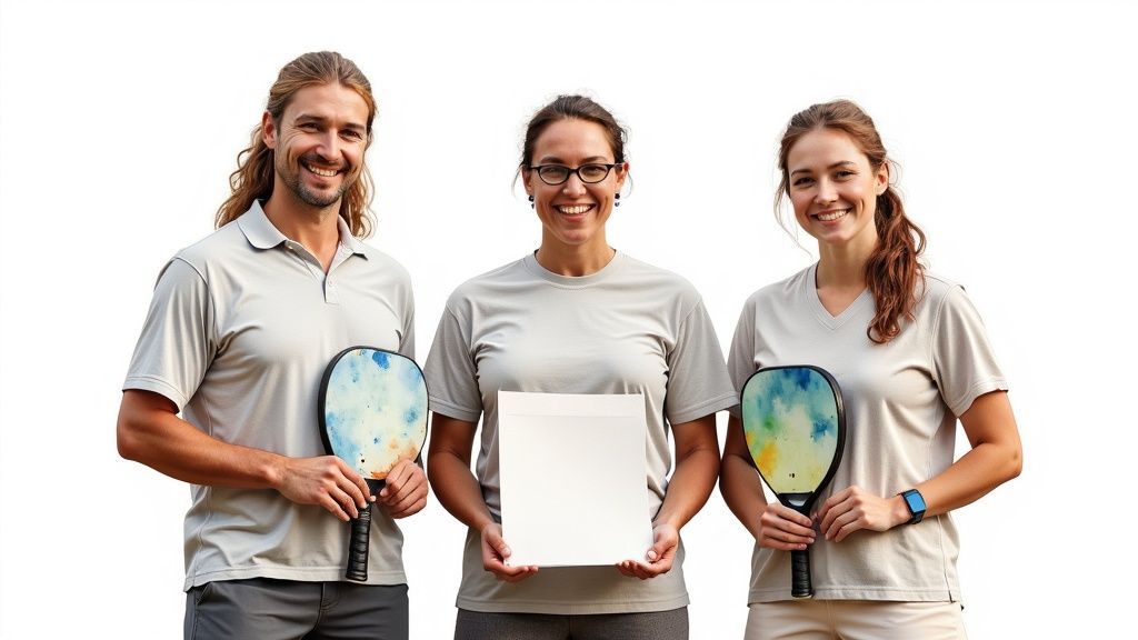 A pickleball coach giving instructions to two players on a sunny court.
