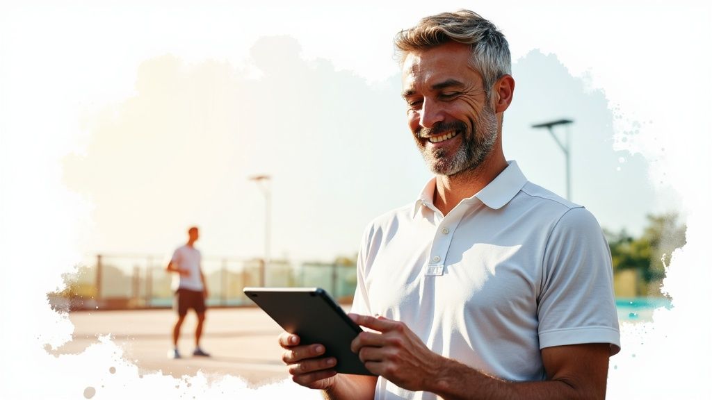 A tennis player hitting a forehand on a court, representing an active and well-managed club.