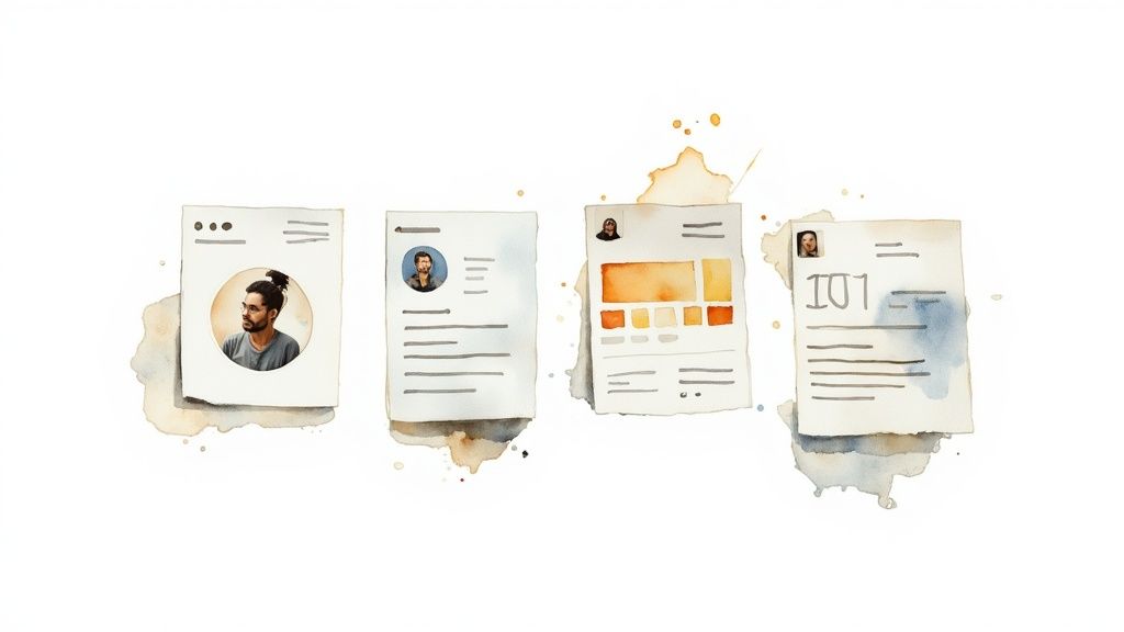 Watercolor illustration of digital profile cards and membership documents representing club management system interface