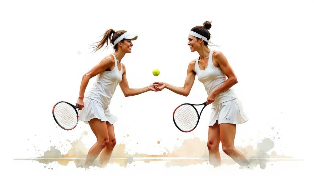 Two tennis players giving a high five on the court