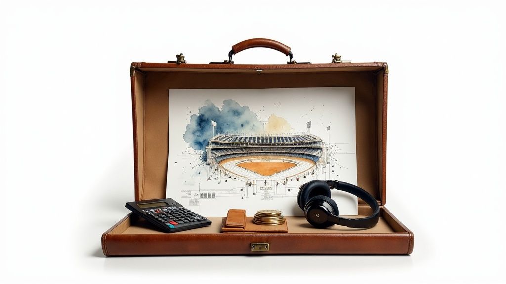 A sports facilities manager inspecting a complex piece of equipment in an empty stadium.