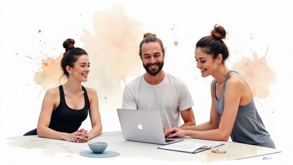 A woman at a yoga studio reception desk helping a client check in on a tablet.