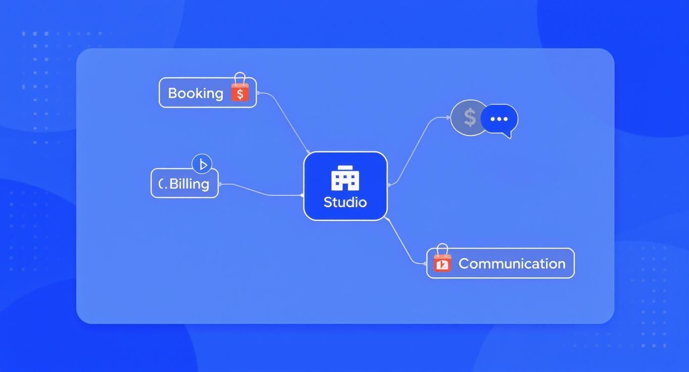 Studio management software diagram showing booking, billing, and communication modules connected to central system