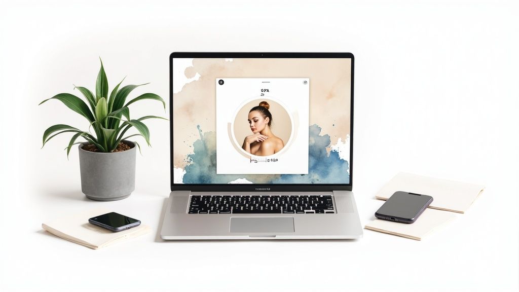 A professional spa owner reviewing financial charts on a tablet in a bright, modern office.