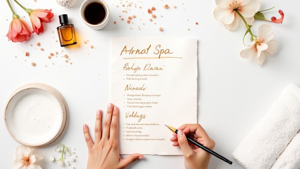 A serene spa treatment room with neatly folded towels and massage products.