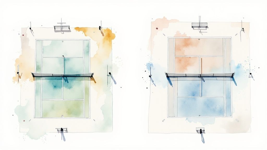 Clay tennis court being watered