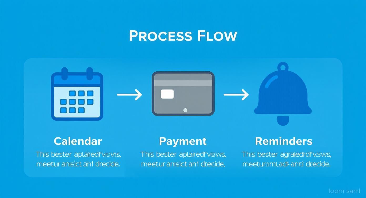 Process flow diagram showing calendar scheduling, payment processing, and reminder notifications for bookings