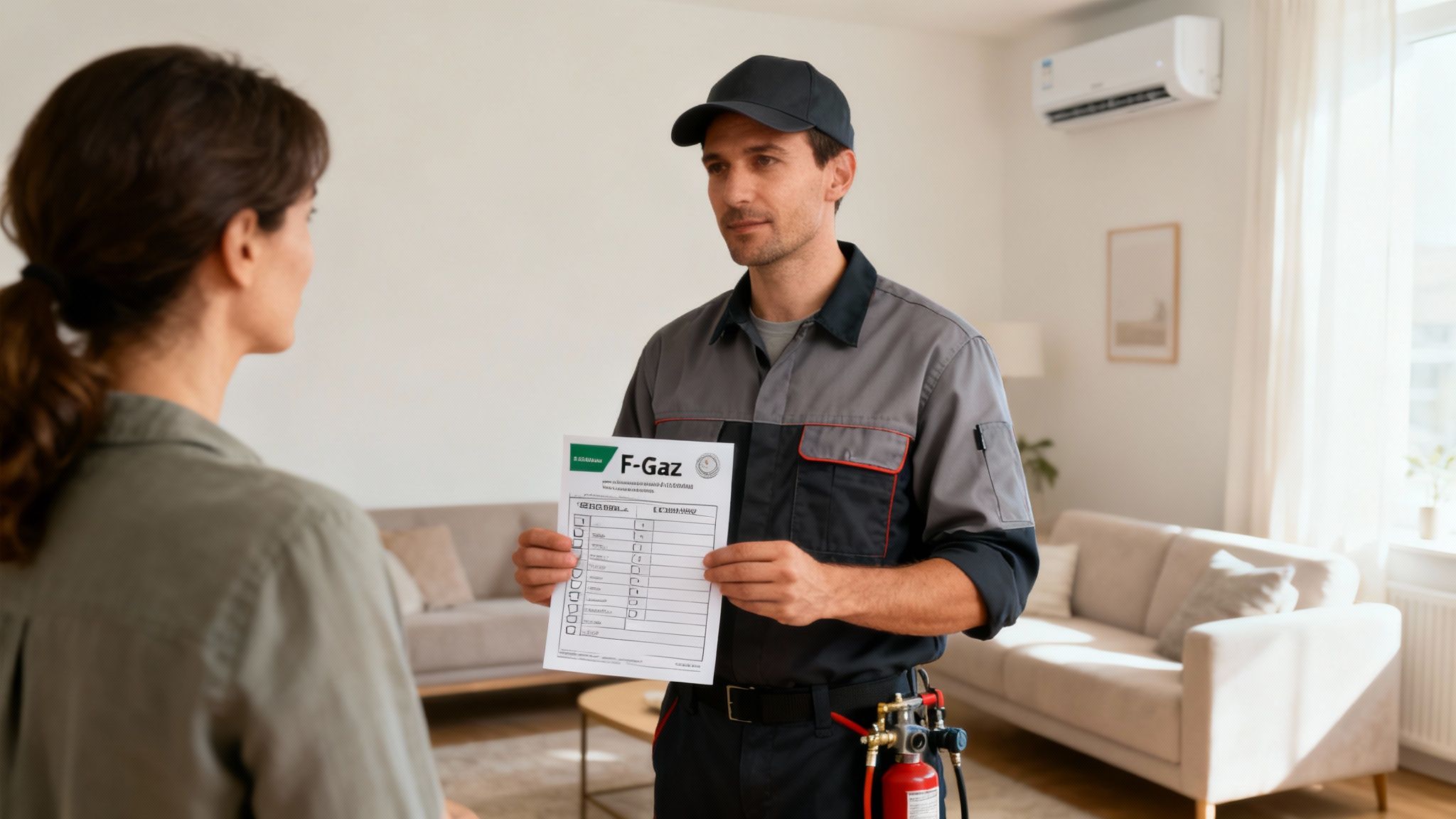 Serwisant w niebieskim kombinezonie pracuje nad jednostką zewnętrzną klimatyzacji, używając specjalistycznych narzędzi