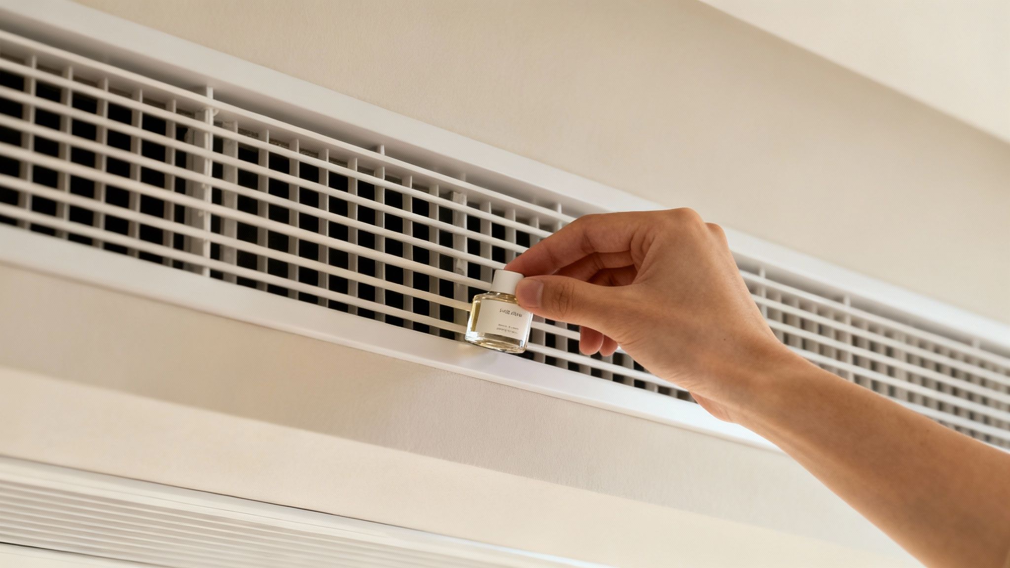 Mężczyzna w rękawiczkach ostrożnie umieszcza wkładkę zapachową w jednostce wewnętrznej klimatyzatora.