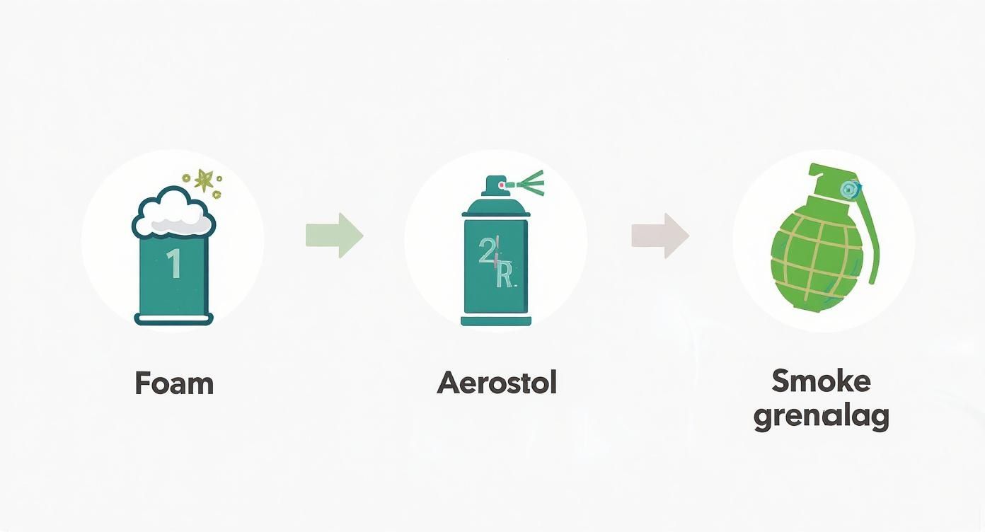 Infografika przedstawiająca proces wyboru środka do odgrzybiania klimatyzacji, podzielony na trzy kroki pianka, aerozol i granat.