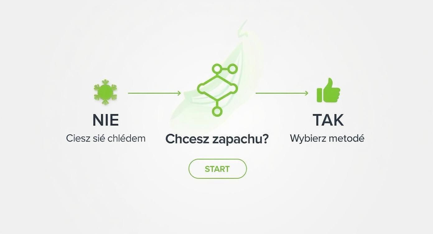 Infografika przedstawiająca drzewko decyzyjne dotyczące wyboru zapachu do klimatyzacji domowej