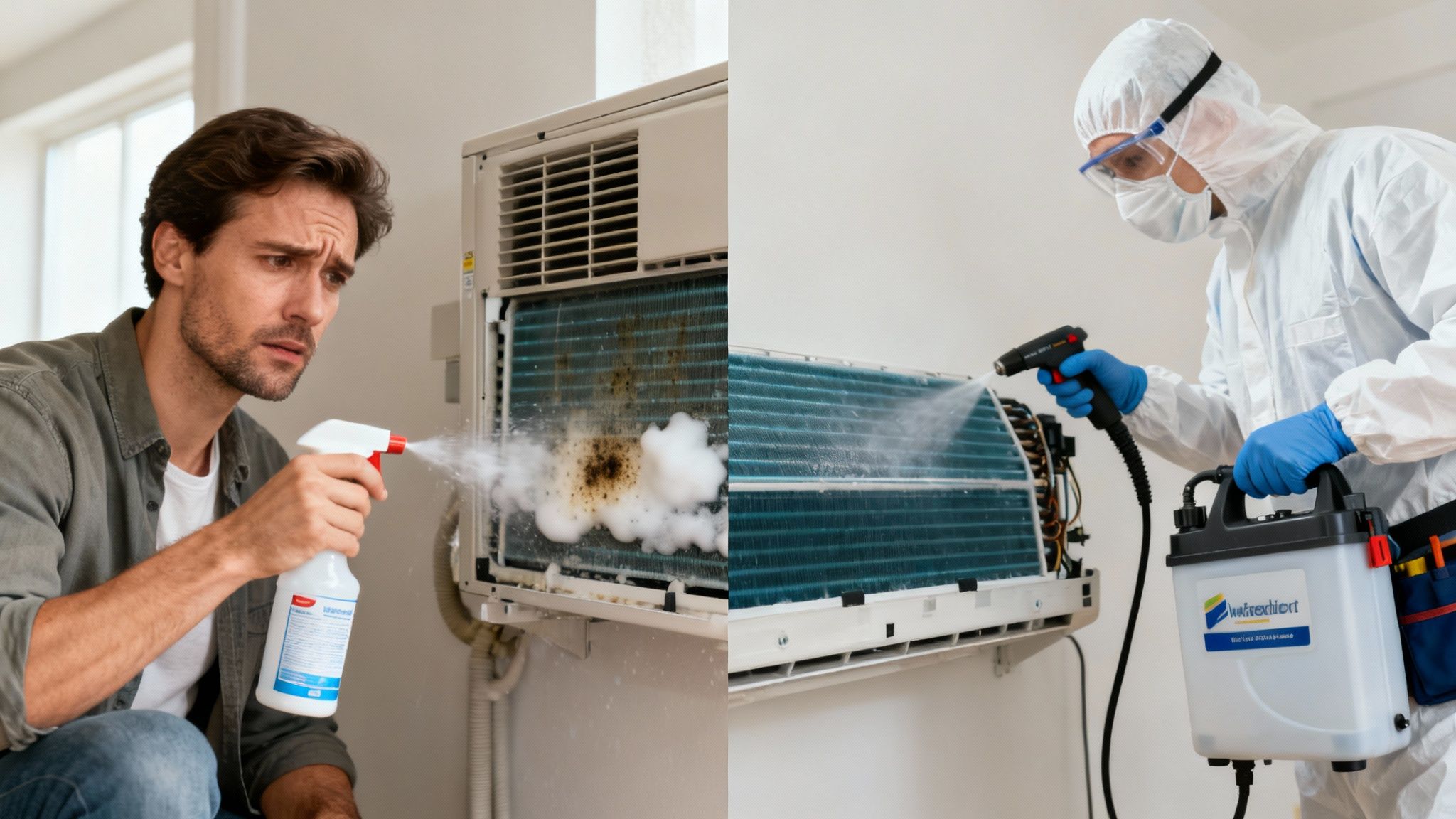 Profesjonalny technik serwisujący jednostkę klimatyzacyjną.