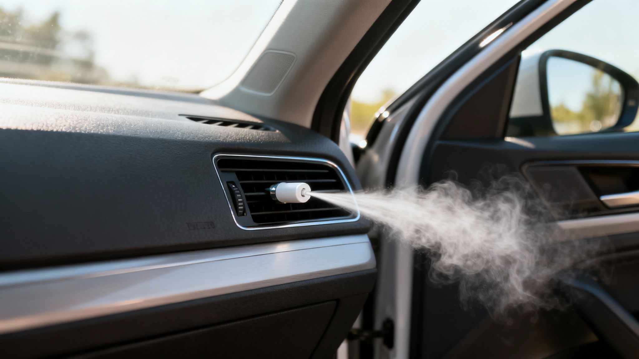 Mężczyzna aplikujący piankę do klimatyzacji w samochodzie