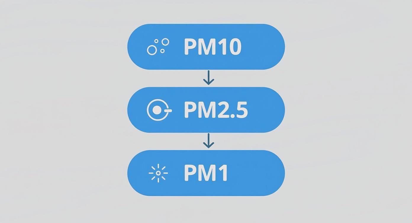 Infografika przedstawiająca hierarchię filtrów do klimatyzacji według normy ISO 16890, z podziałem na cząstki PM10, PM2.5 i PM1.