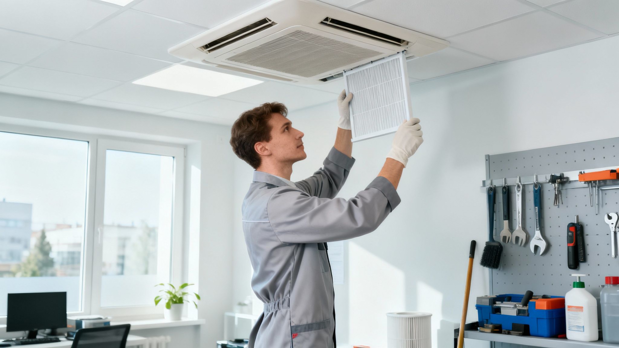 Technik serwisowy czyszczący filtr klimatyzacji kanałowej.