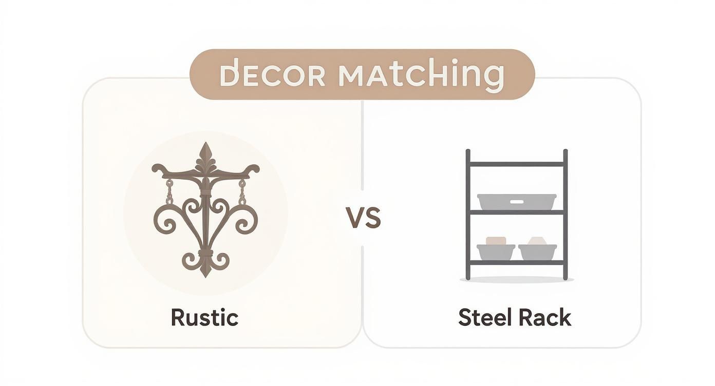 Infographic comparing rustic wrought iron and modern steel log holders for different decor styles.