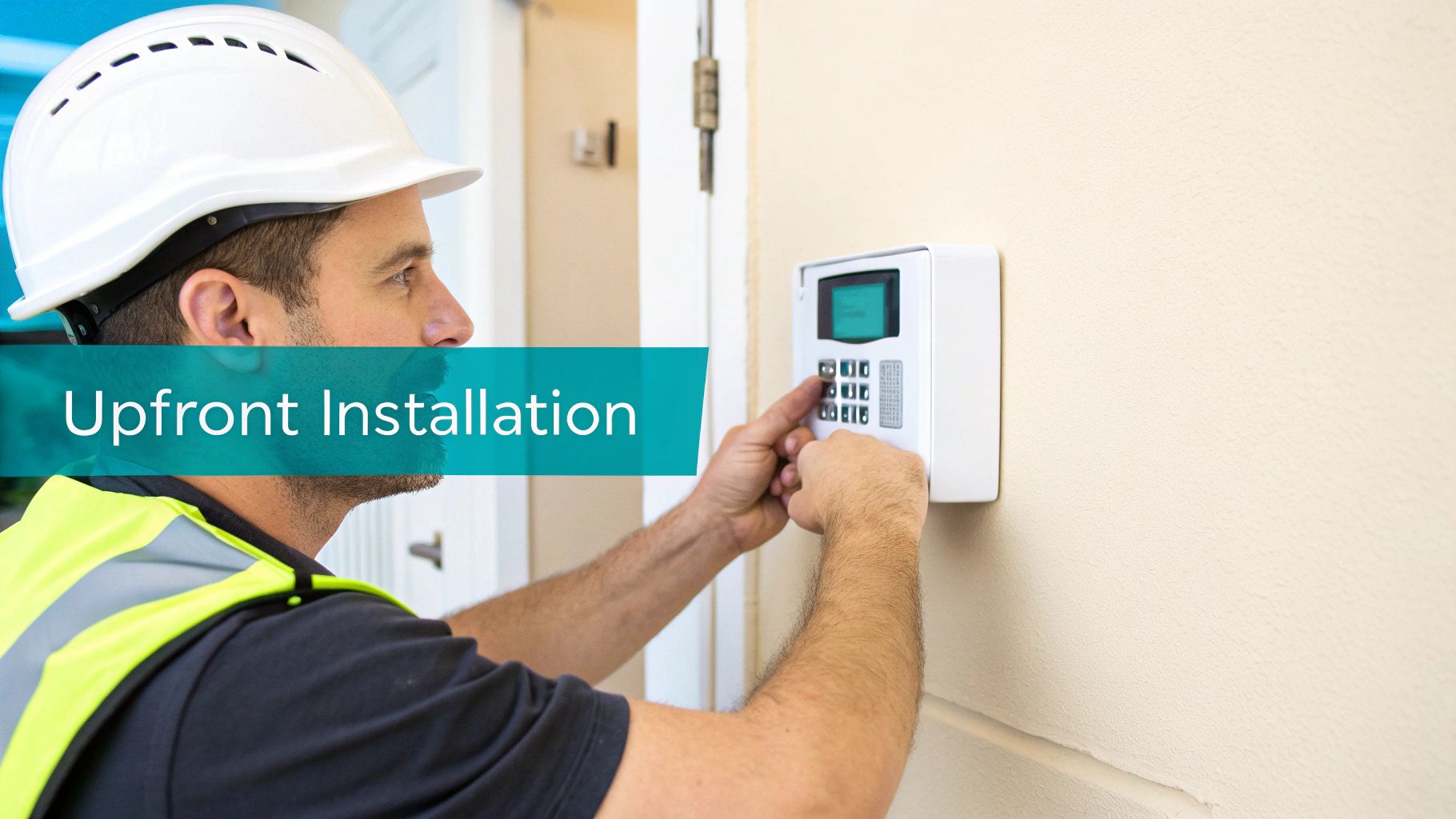 A professional technician installing a smart home security system on a wall.