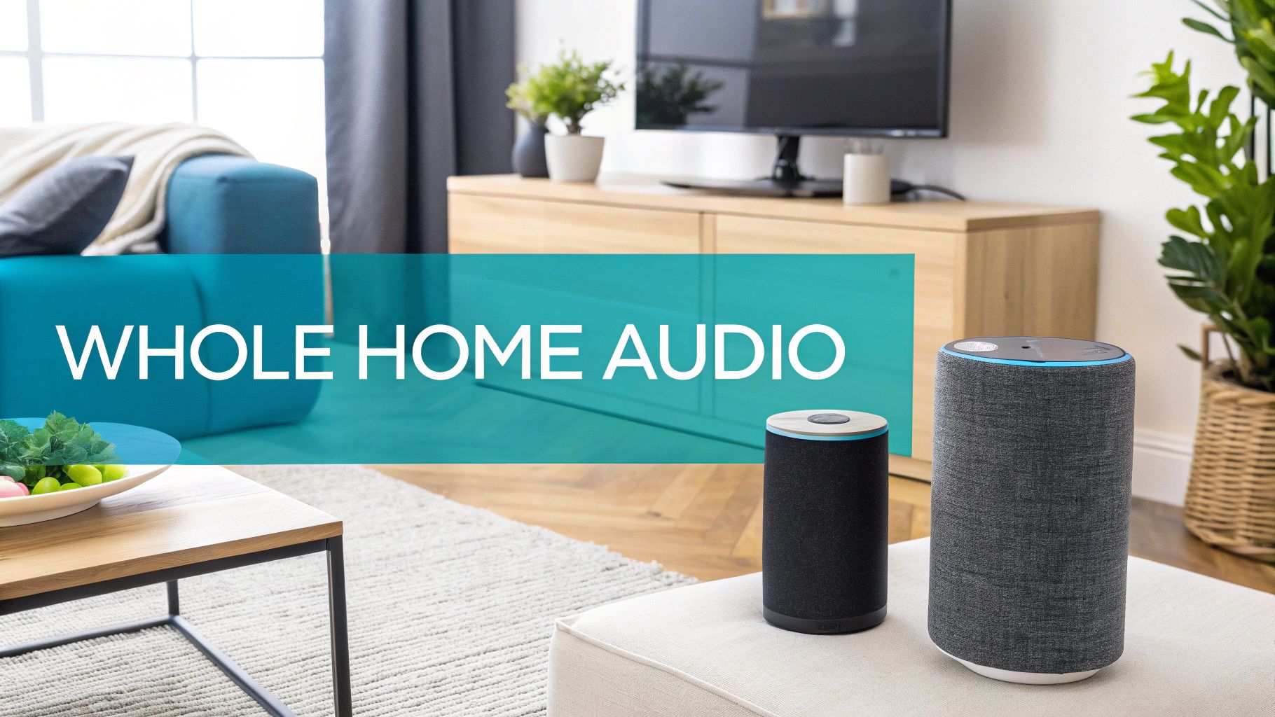 A modern living room with an Amazon Echo device playing music.