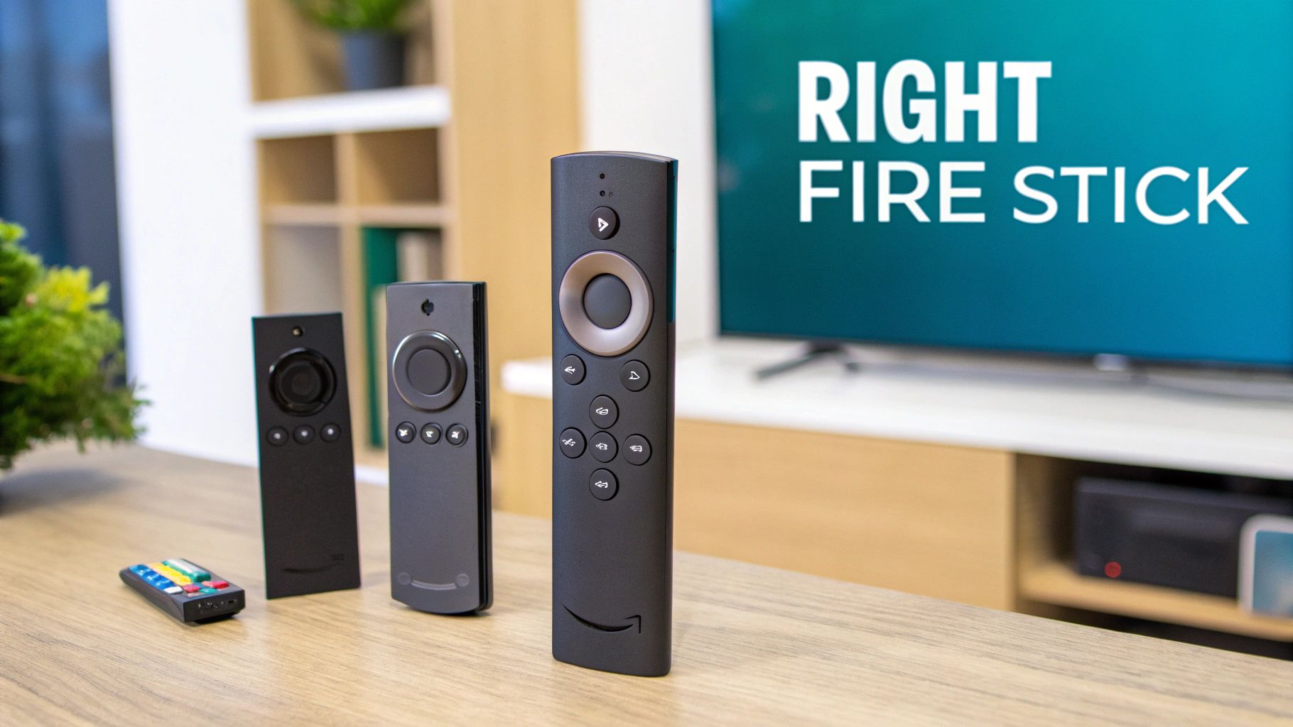 A close-up of an Amazon Fire Stick remote control on a wooden surface.