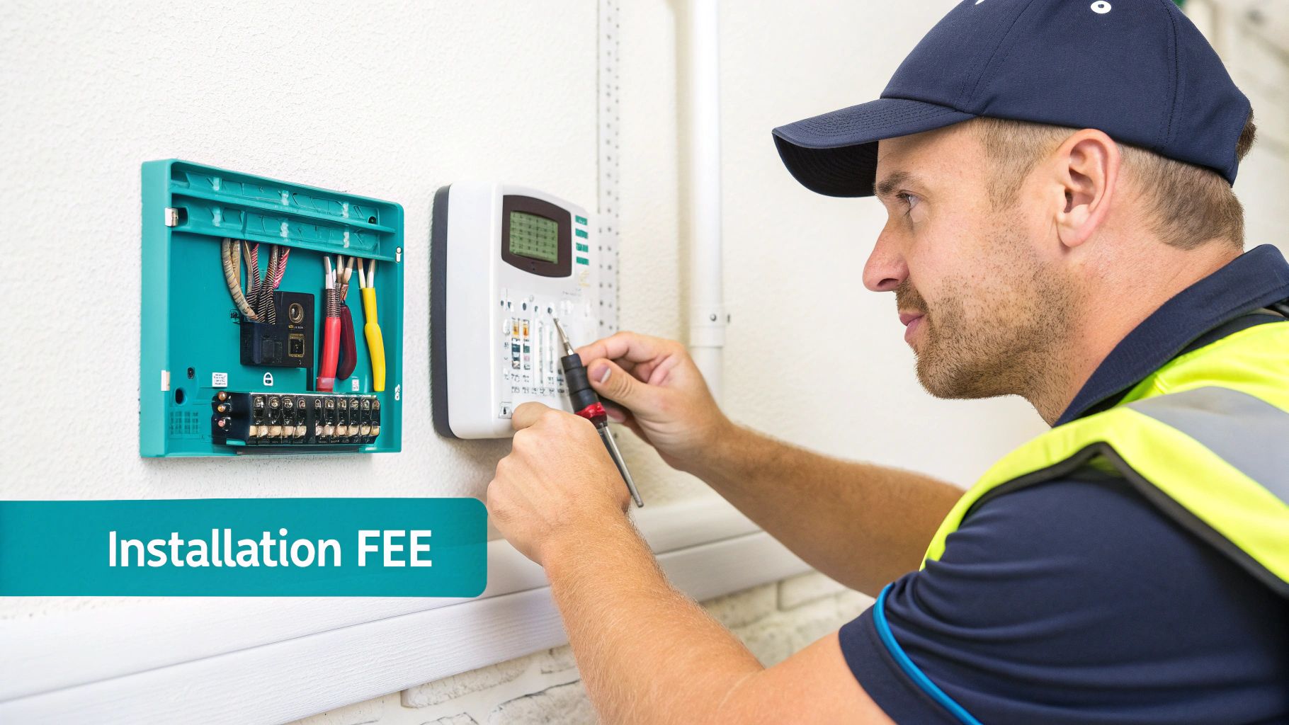 A certified technician installing a Verisure alarm panel in a modern home.