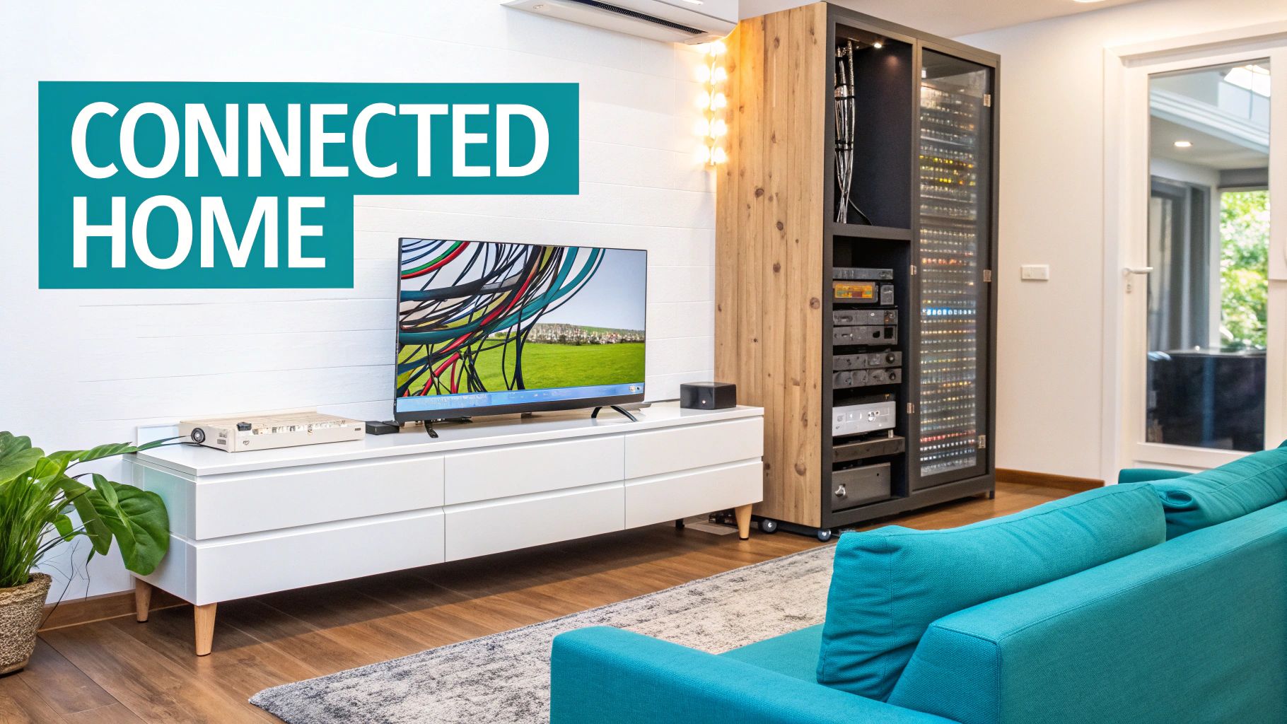 A modern living room with integrated smart home technology, showcasing a sleek and clean installation.