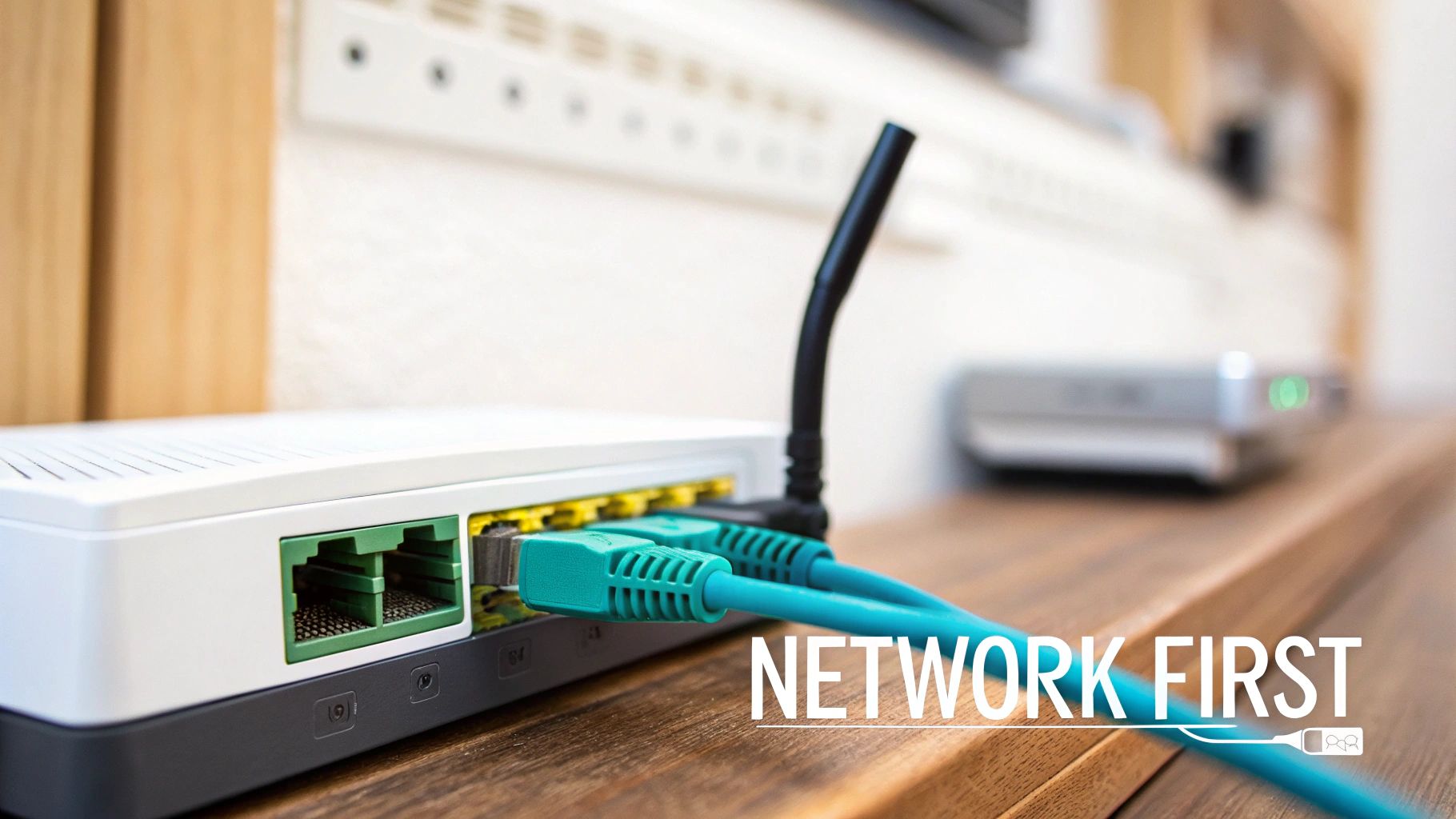 A sleek, modern network cabinet with organised cabling and glowing switches, representing a professional installation.