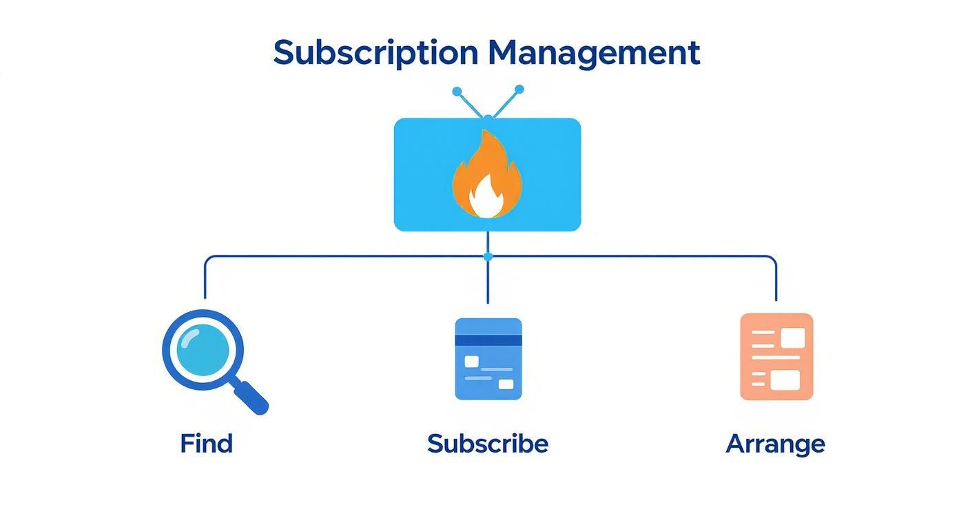 Infographic showing a central TV icon for the Fire Stick, with branches leading to icons for Find, Subscribe, and Arrange, illustrating the subscription management process.
