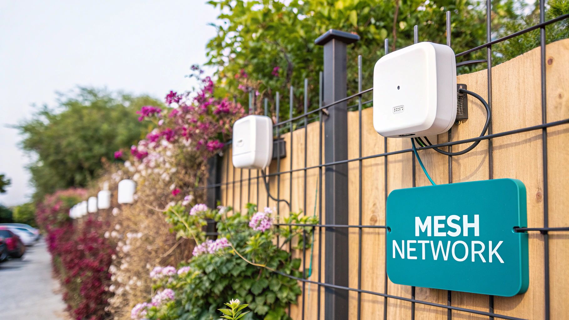 An outdoor Wi-Fi access point mounted on a modern home's exterior wall.