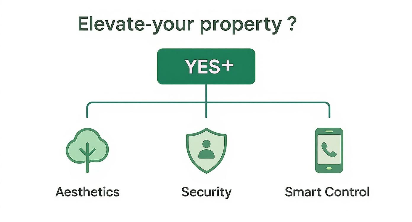 Infographic decision tree showing how to elevate a property with aesthetics, security, or smart control options for LED tree lights