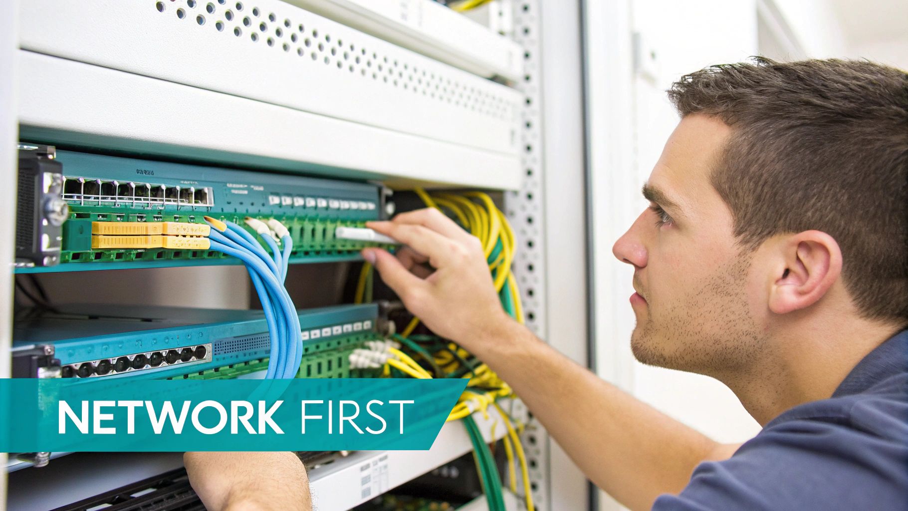 A professionally installed network cabinet with neatly organised Cat6a cabling and switches, representing the core of a smart home or business infrastructure.