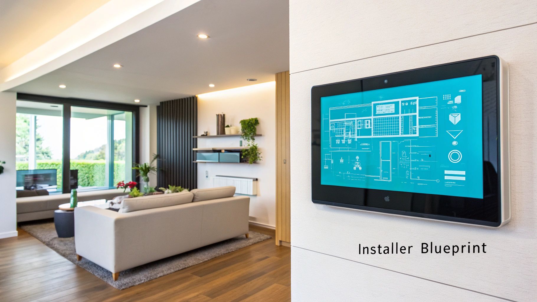 A neatly organised server rack with glowing network switches and cleanly routed cables, representing a professional smart home installation.