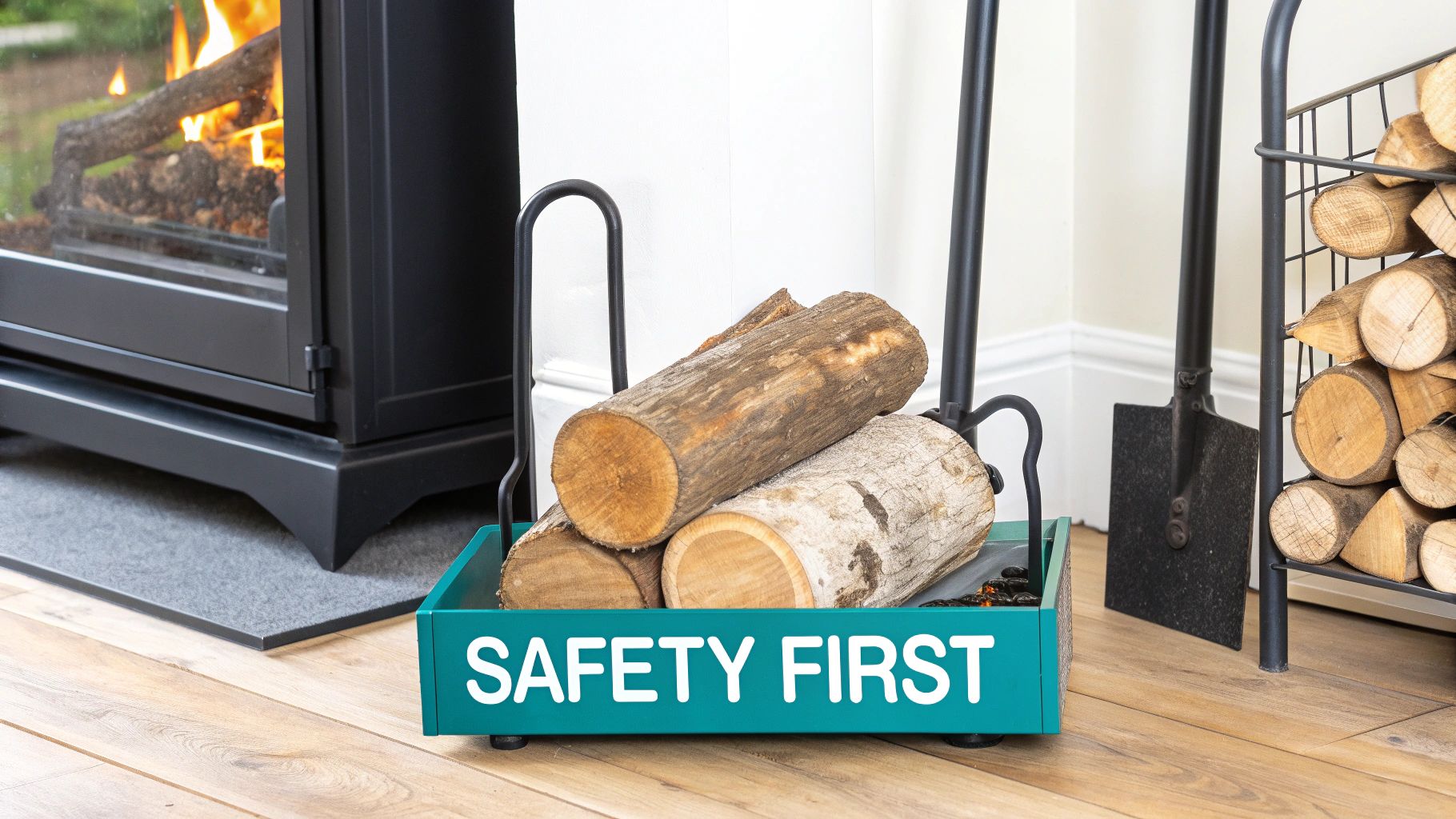 A close-up of a well-designed indoor log holder with kindling storage, placed safely away from a lit fireplace.