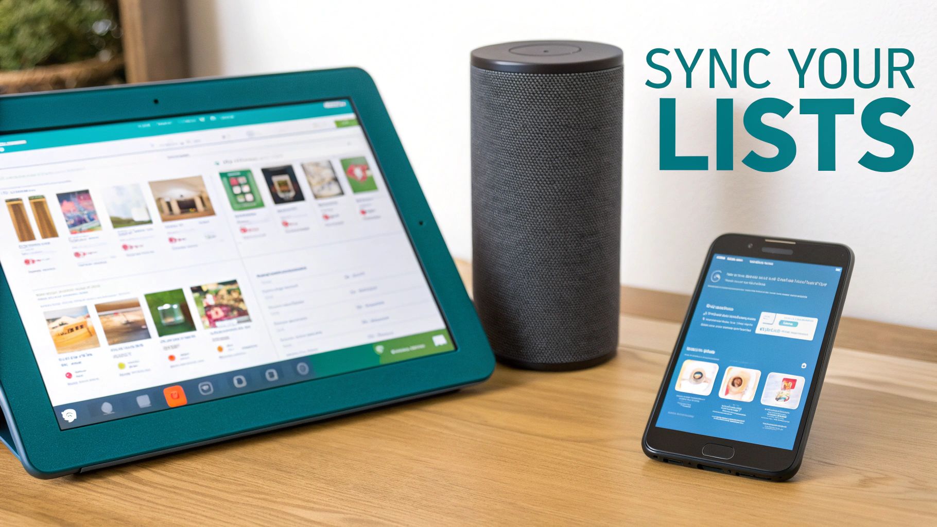 A smartphone screen showing the Alexa app syncing with other third-party grocery and to-do list apps, symbolizing smart home integration.