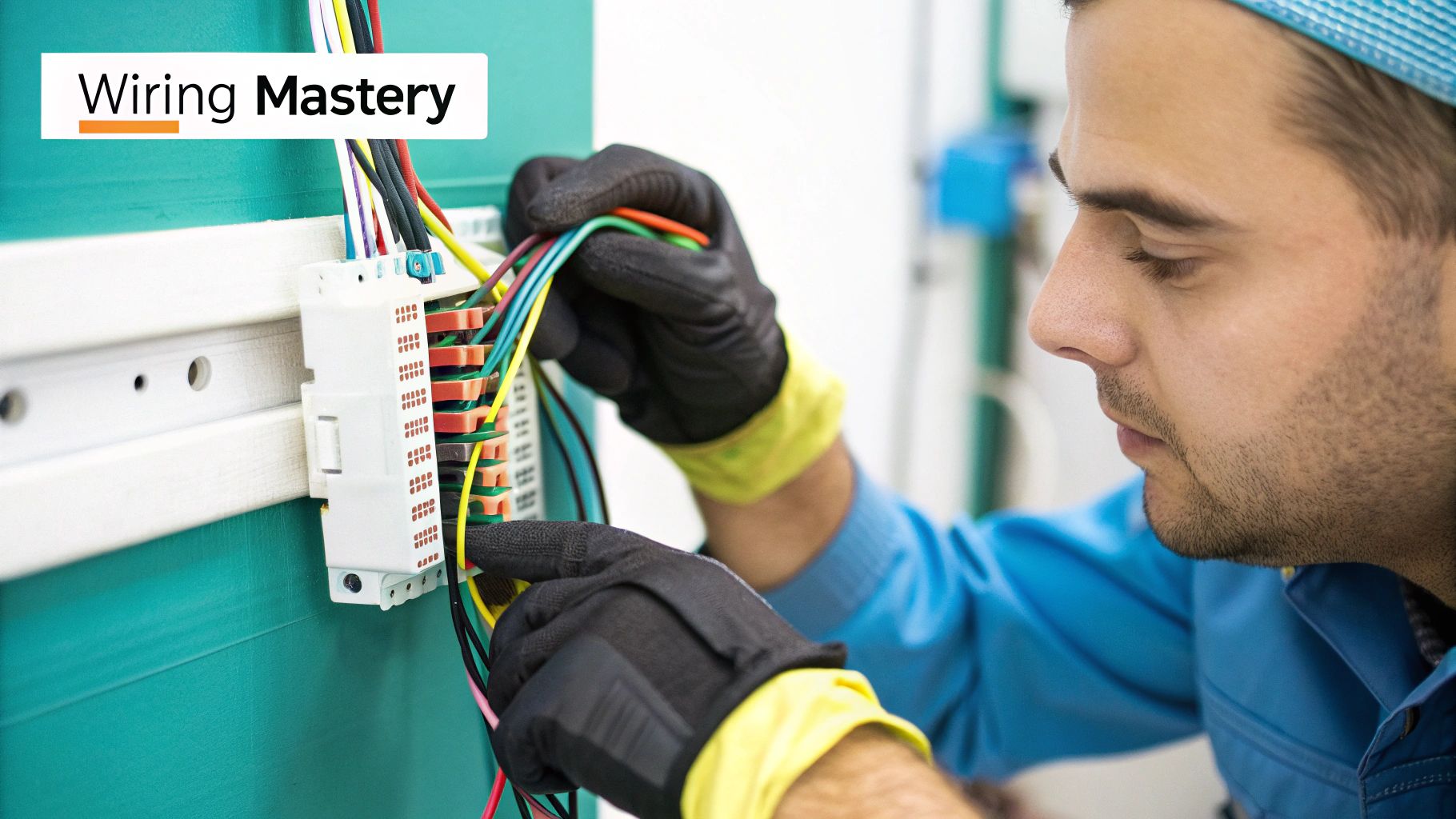A technician meticulously wiring a 3 pins connector with precision tools on a clean workspace.